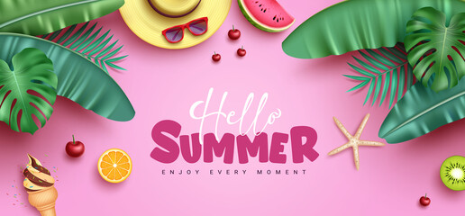 Summer vector background design. Hello summer greeting text in pink space with plant leaves and tropical object elements for holiday season nature flat lay decoration. Vector illustration.  © Zeinous