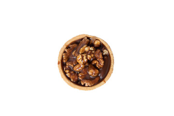 Cake with walnuts and caramel isolated on white background.