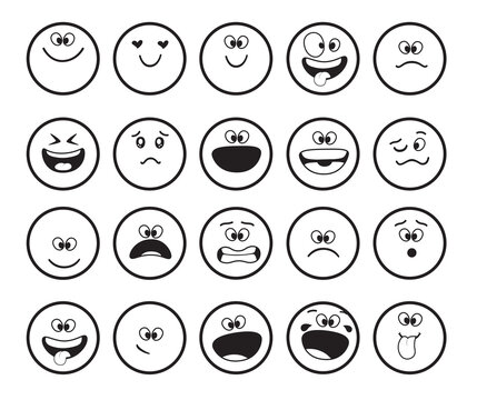 Emoji black and white characters vector set. Emoticon doodle emojis faces with funny and crazy facial emotion for drawing emoticons cartoon character collection. Vector illustration.
