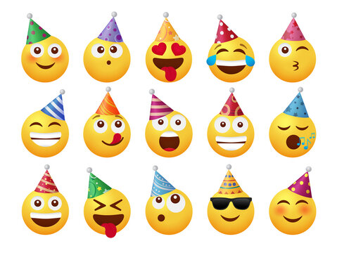 Birthday emojis character vector set design. Birth day emoji faces in party hats pattern with cute facial expression for event celebration happy emoticons collection. Vector illustration.

