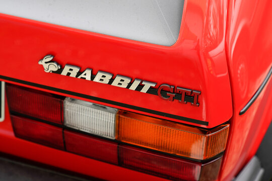 Volkswagen Golf 1 car rabbit gti logo brand and text sign red young timer and classic vintage retro vehicle