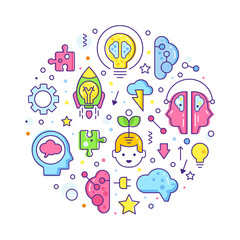 Brain and Creative Mind Design with Line Icon Arranged in Circle Vector Template