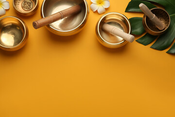 Flat lay composition with golden singing bowls on orange background. Space for text