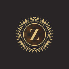 Emblem Letter Z Gold Monogram Design. Luxury Volumetric Logo Template. 3D Line Ornament for Business Sign, Badge, Crest, Label, Boutique Brand, Hotel, Restaurant, Heraldic. Vector Illustration