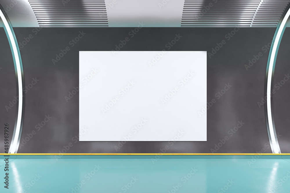 Poster Abstract dark concrete and blue tunnel interior with empty white mock up banner. Futuristic spaceship design concept. 3D Rendering.