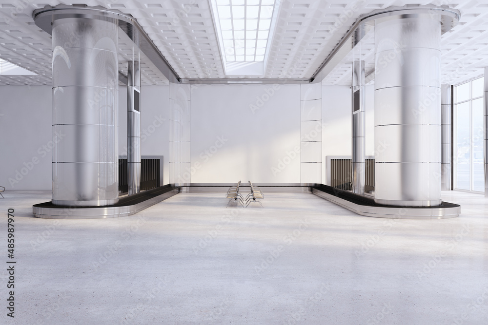 Poster modern airport waiting area concrete hallway interior with windows and city view, seats and columns.
