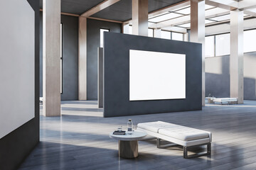 Contemporary wooden and concrete gallery interior with empty white mock up poster, columns, window with city view and daylight. 3D Rendering.
