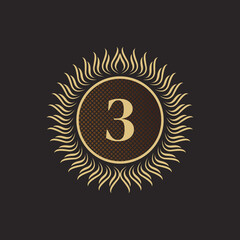 Fototapeta premium Emblem Number 3 Gold Monogram Design. Luxury Volumetric Logo Template. 3D Line Ornament for Business Sign, Badge, Crest, Label, Boutique Brand, Hotel, Restaurant, Heraldic. Vector Illustration