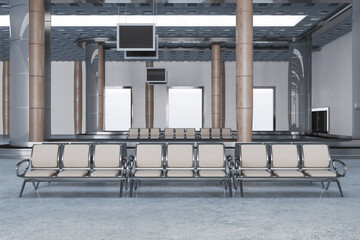 White airport waiting area concrete hallway interior with windows and city view, seats and columns. 3D Rendering.