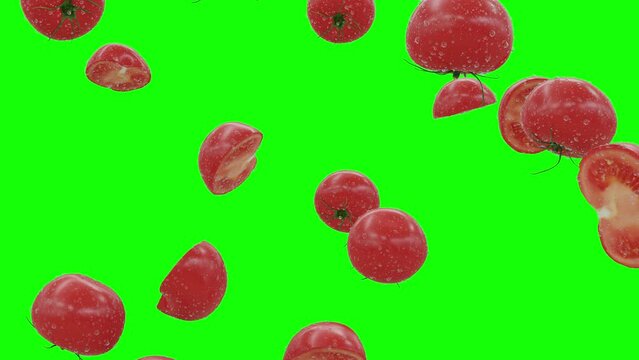 Tomatoes with water droplets Falling On Green Screen With Alpha Matte