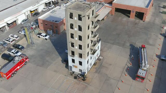 Fire station training facility | Aerial shot moving away | Sunny Day