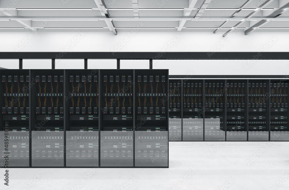 Poster Modern server room interior. Datacenter, security and database concept. 3D Rendering.