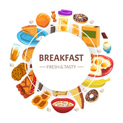 Tasty Breakfast Food and Drink Composition Vector Template