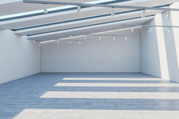 Minimalistic concrete exhibition hall interior with empty mock up place on wall and sunlight. 3D Rendering.