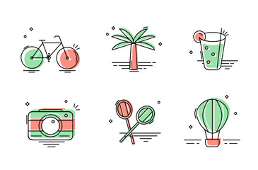 Summer stickers and icons. Summer set: outdoor sports, outdoor recreation, beach. Stylish offline icons in flat style.