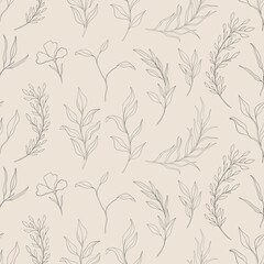Seamless pattern plant nature hand drawn set. Outline botanical element.Elegante vintage style.