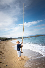 Boy playing with large stick on beach