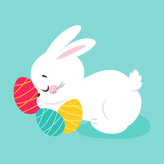 White Easter Bunny Sleeping on Decorated Egg on Blue Background Vector Illustration