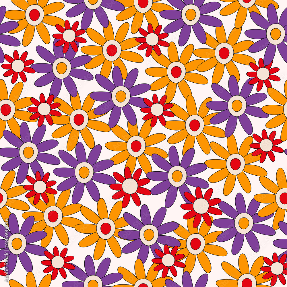 Poster retro seamless pattern of colorful hippie flowers. vintage festive groovy botanical design. trendy v