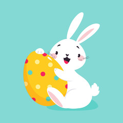 White Easter Bunny Hugging Decorated Egg on Blue Background Vector Illustration