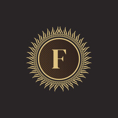 Naklejka premium Emblem Letter F Gold Monogram Design. Luxury Volumetric Logo Template. 3D Line Ornament for Business Sign, Badge, Crest, Label, Boutique Brand, Hotel, Restaurant, Heraldic. Vector Illustration