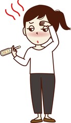 体温計を持つ、熱のある若い女性。