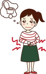 お腹が痛くて、トイレに行きたい若い女性。	