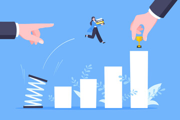 Obraz premium Business mentor helps to improve career with springboard vector illustration. Business person jumps above career ladder graph. Success growth, motivation opportunity, boost career concept.