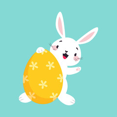 White Easter Bunny Looking Out of Decorated Egg and Waving Paw on Blue Background Vector Illustration