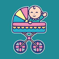 
vector illustration of cute baby waving on the pram