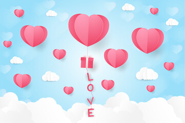 Fototapeta na wymiar Love and Valentine day, Lovers stand and a paper art heart shape balloon floating in the sky. craft style.