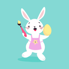 Obraz premium White Easter Bunny Holding Brush and Egg Wearing Apron on Blue Background Vector Illustration