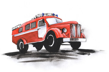 Hand drawn watercolor illustration. An abstract fire truck in the old style rushes to the fire. Red body, black wheels. dynamic composition. Decorative element. Sketch drawing on a white background.
