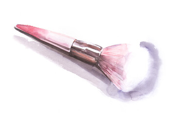 Hand drawn watercolor illustration. Pink fluffy cosmetic powder brush. Makeup accessory. Decorative element. Sketch drawing on a white background.