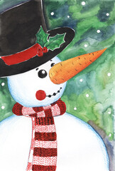 Hand drawn watercolor illustration. A snowman in a black top hat with a red ribbon with sprigs of holly and holly. Green background white snow. Carrot nose. New Year's Christmas card