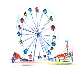 Hand drawn watercolor illustration. Ferris rwheel ing in the children's amusement park. Multicolored booths. Bright tents. Decorative element. Sketch drawing on a white background. - 485989762