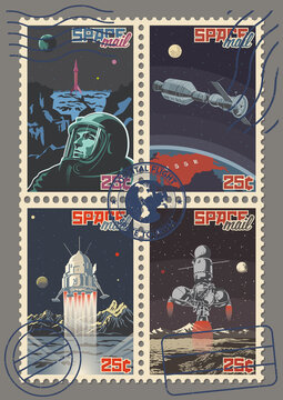 Retro Space Propaganda Postage Stamps, Astronaut, Space Rockets, Planets