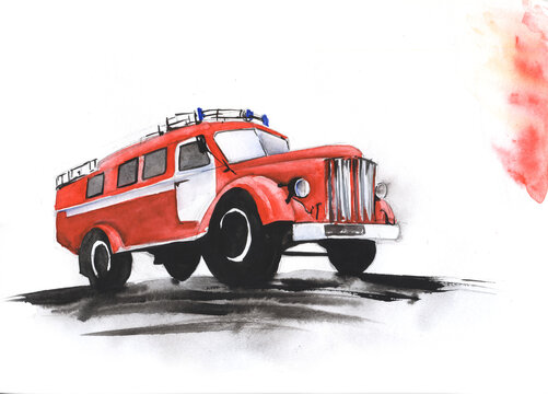 Hand drawn watercolor illustration. Abstract fire truck in retro style rushes to the fire. Flashes of red flame in front of the car. Decorative element. Sketch drawing on a white background.