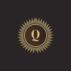 Emblem Letter Q Gold Monogram Design. Luxury Volumetric Logo Template. 3D Line Ornament for Business Sign, Badge, Crest, Label, Boutique Brand, Hotel, Restaurant, Heraldic. Vector Illustration