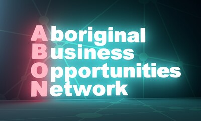 ABON - Aboriginal Business Opportunities Network acronym. Neon shine text. 3D Render