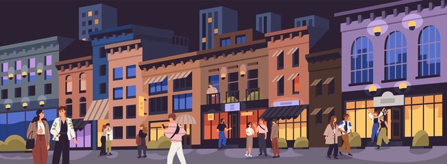 People walking along night city street. Cityscape with buildings, lights in windows, pedestrians. Urban landscape at nighttime on summer weekend. Downtown life panorama. Flat vector illustration © Good Studio