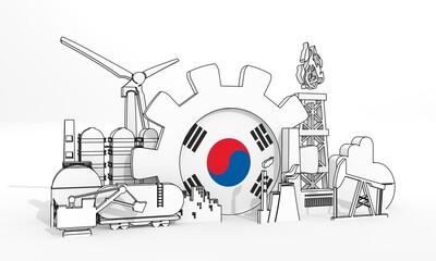 Energy and power industrial concept. Industrial icons and gear with flag of South Korea. 3D Render