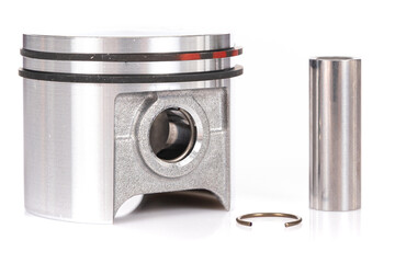 set of auto parts piston group for garden machinery on a white isolated background