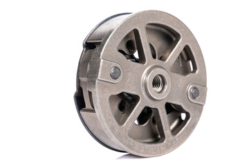 Obraz premium new modern chainsaw clutch close-up isolated on white background