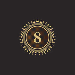 Emblem Number 8 Gold Monogram Design. Luxury Volumetric Logo Template. 3D Line Ornament for Business Sign, Badge, Crest, Label, Boutique Brand, Hotel, Restaurant, Heraldic. Vector Illustration