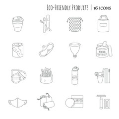 Eco friendly icons set. Eco-mindfulness. Eco-friendly product. Vector editable icons. Isolated objects.