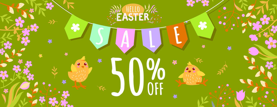 Banner with Easter chicks and spring flowers - 50% off. Poster, postcard - Hello Easter.