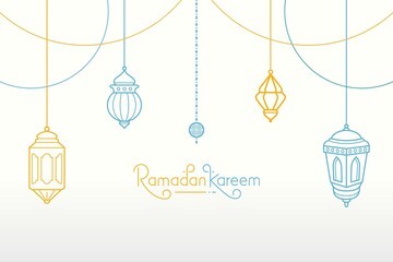 Ramadan kareem lettering typography greeting card with line art style 