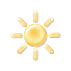 3D sun weather icon. Mobile element sunny travel summer logo. Sunscreen cream symbol spf button yellow rays glowing vector illustration