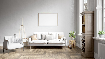 Modern beautiful interior of the room with white walls, large windows and stylish furniture. Bright and stylish design. 3D rendering